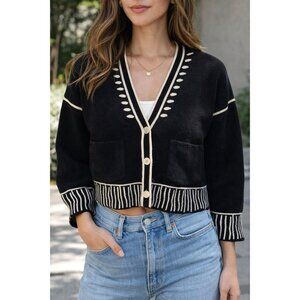 Marla Wynne Womens XS Cardigan Cropped Sweater Black & Cream Soft Knit